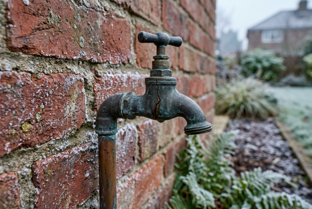 Frost-damaged outdoor tap plumbing and fittings showing cracked tap body