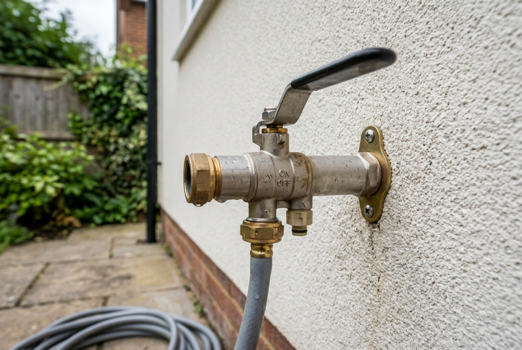 Self-draining frost-free garden tap installed on an exterior wall