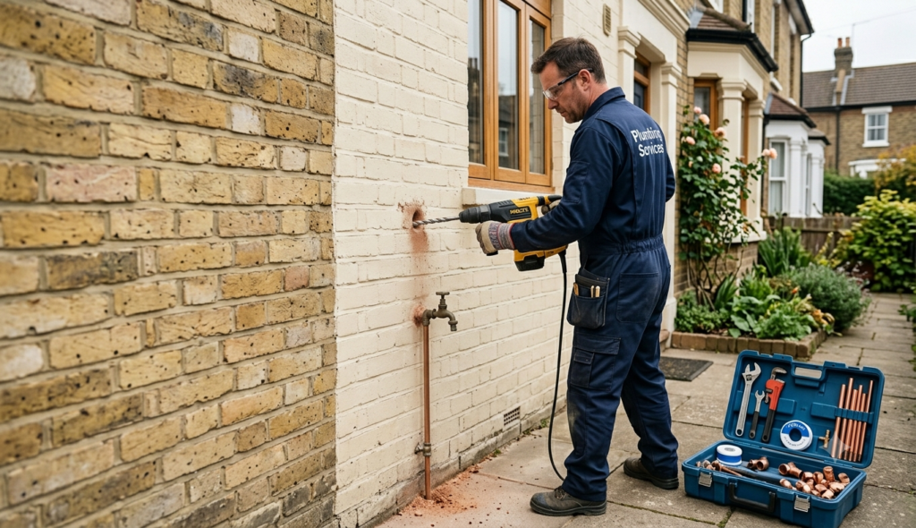 A plumber drilling through an exterior wall to fit a garden tap pipe during installation in London