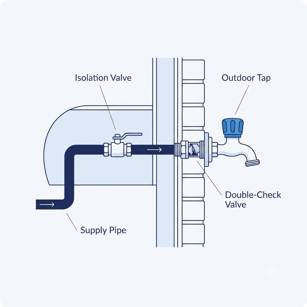 Diagram showing isolation valve plumbing and fittings for outdoor garden tap installation