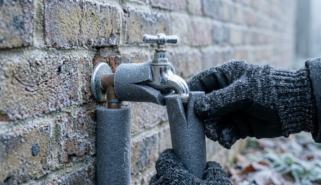 A garden tap wrapped in foam insulation lagging on a brick wall to prevent freezing in winter