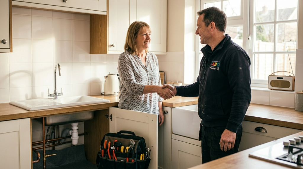 Catalyst Home Services plumber shaking hands with a satisfied customer after a completed pipe repair