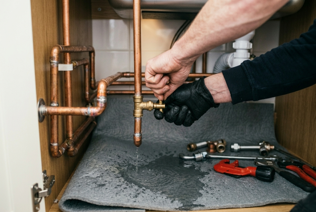 Homeowner turning off the stop tap under a sink during a pipe leak emergency