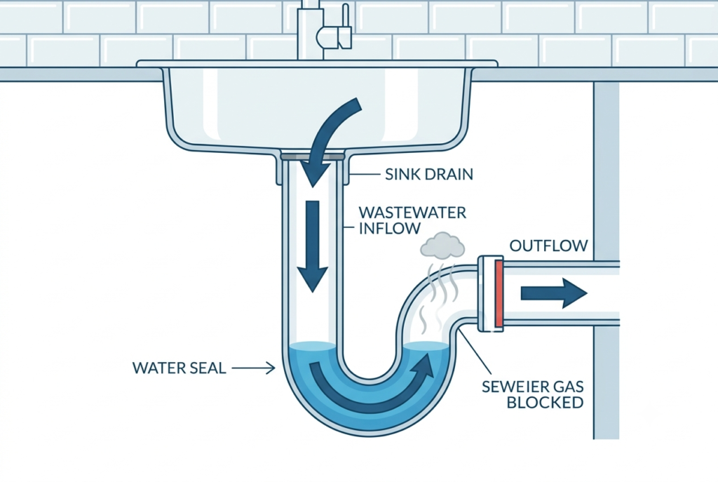 Trap Plumbing Explained: What It Is, How It Works, and Why Every Drain Needs One Plumber inspecting a P-trap pipe under a kitchen sink in London home