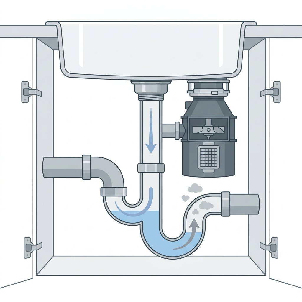 Diagram showing how standing water inside a sink trap blocks sewer gas