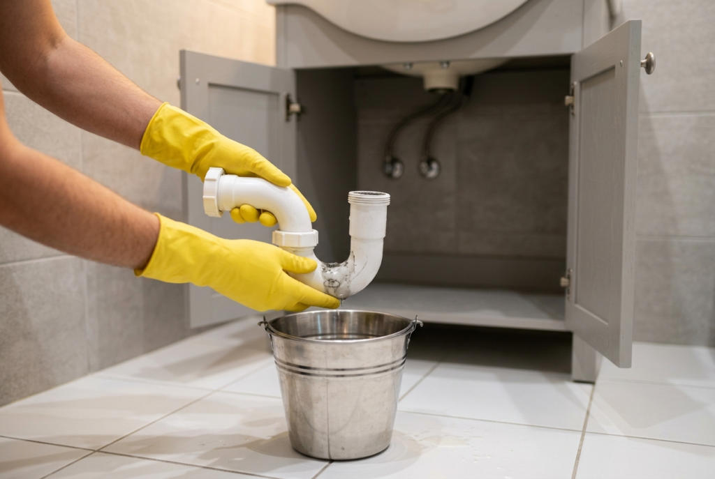 Hands in yellow rubber gloves holding a removed white plastic bathroom sink p trap over a bucket for cleaning