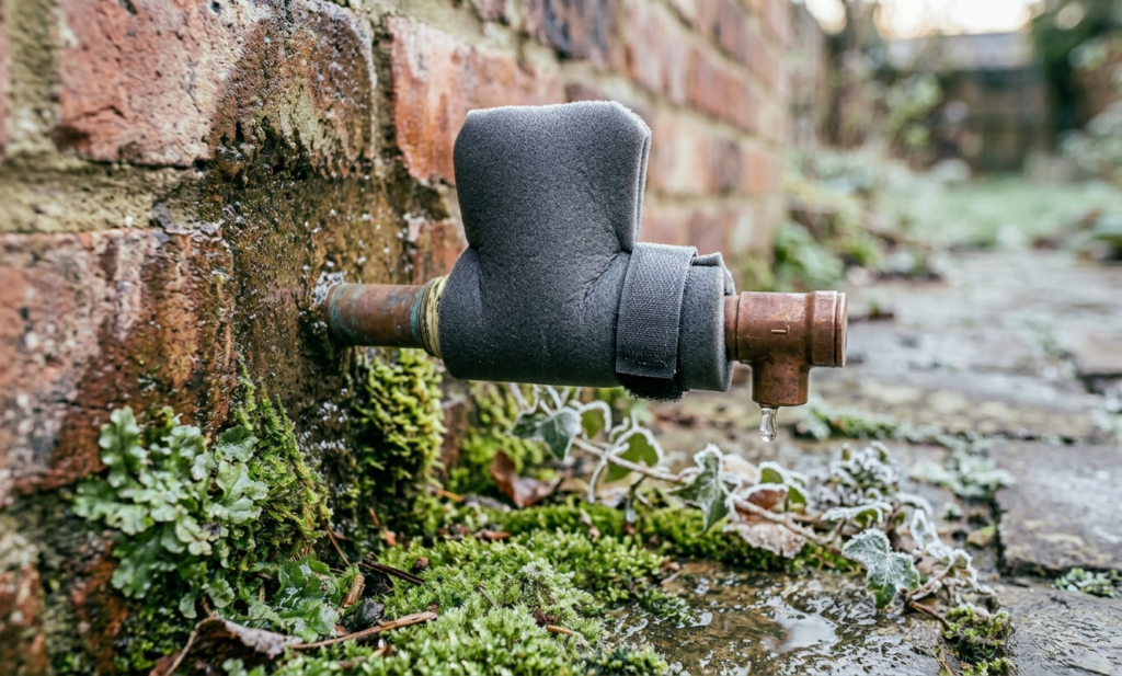 Insulated cover fitted over an outside tap to protect it from frost in winter