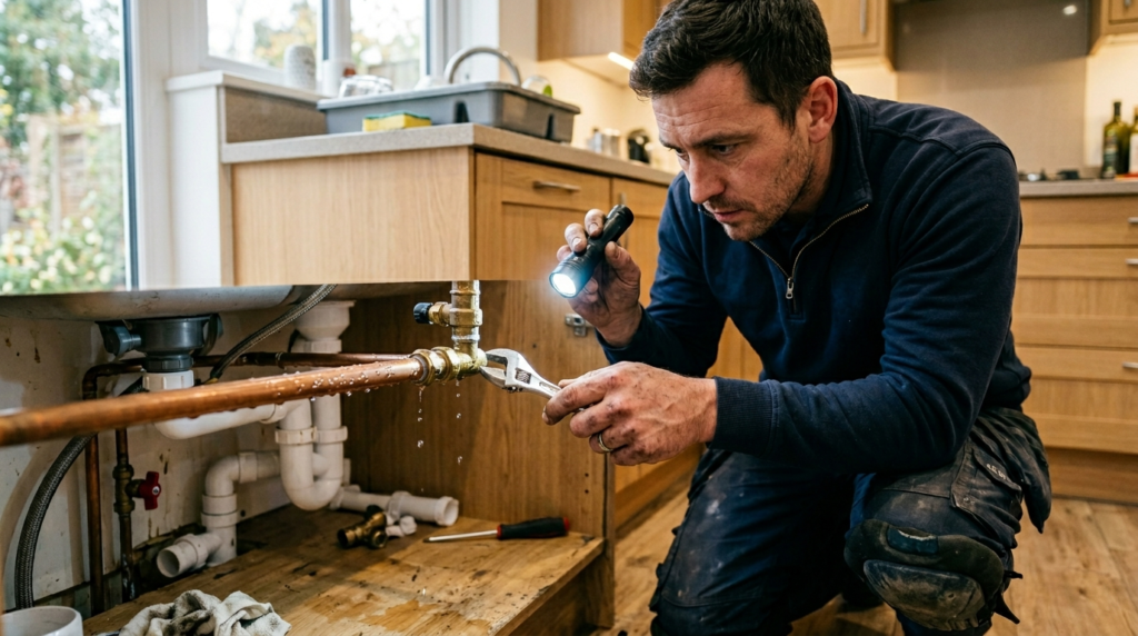 Plumber inspecting a leaking copper pipe under a kitchen sink to assess if it is fixable