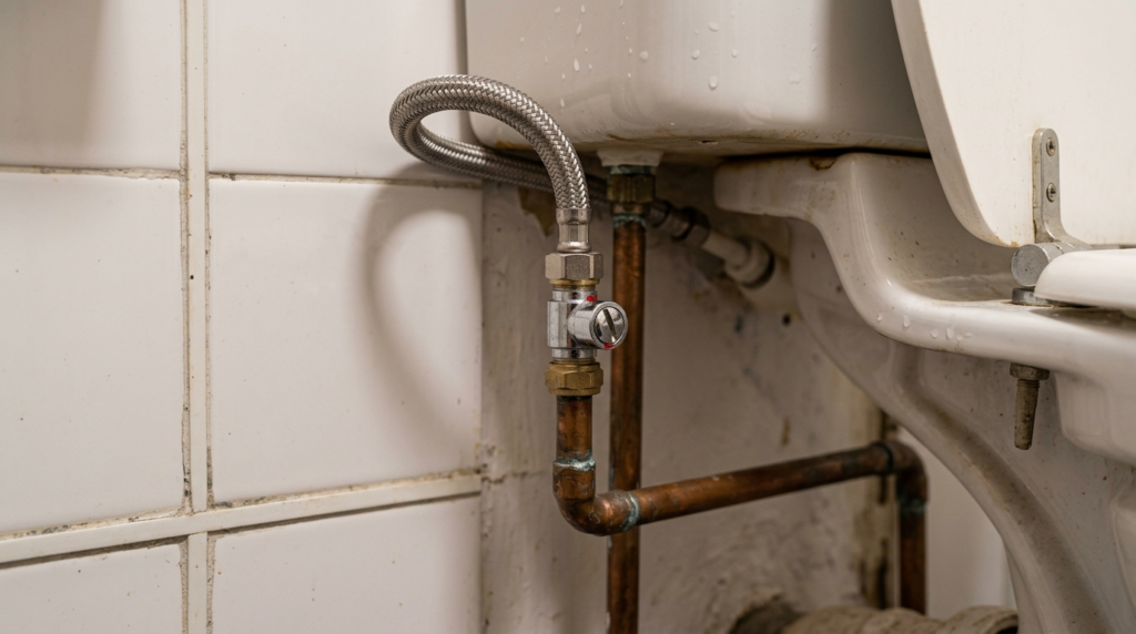 Isolation valve fitted behind a toilet cistern in a UK bathroom