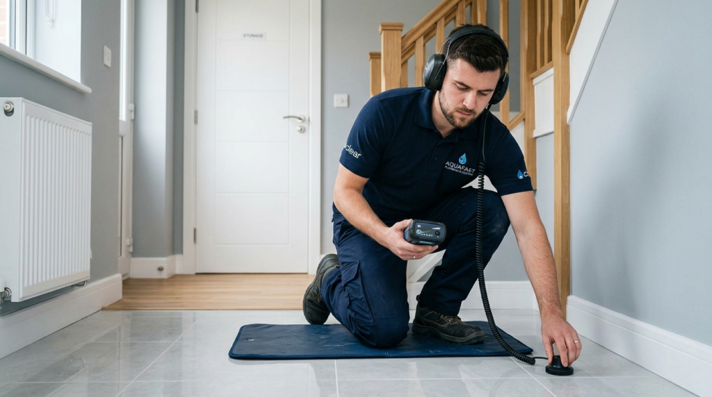 Plumbing engineer using acoustic leak detection equipment on a floor