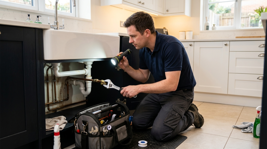 Professional plumber inspecting a water leak under a kitchen sink in a UK home