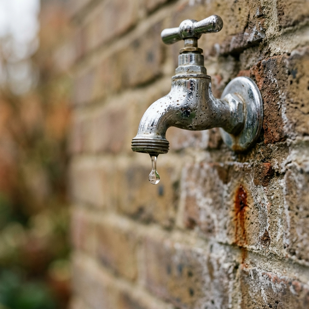 A dripping garden tap with a water stain on a brick wall, showing a common plumbing problem