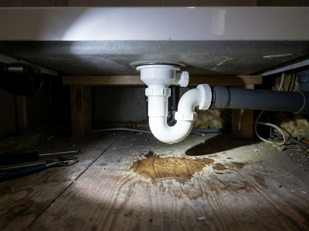 Water leak under a shower tray caused by a faulty shower trap connection showing water damage on a timber floor