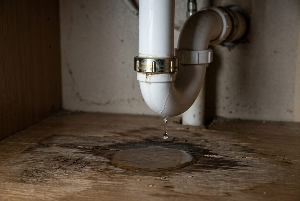 Water leak pooling beneath a sink trap inside a kitchen cabinet