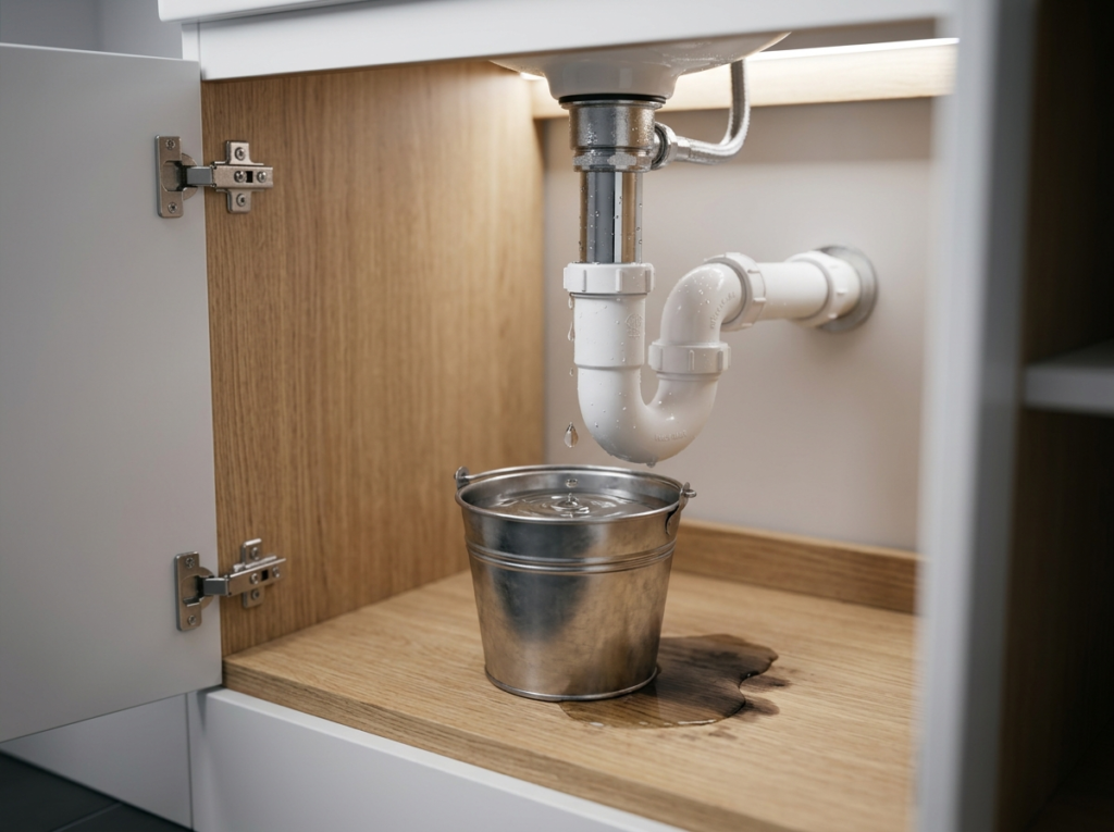 Leaking plumbing waste fitting causing water damage inside a bathroom cabinet
