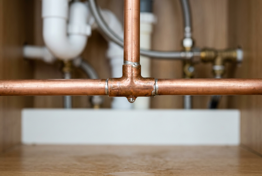 Close-up of a small localised leak at a pipe joint that can be repaired with a clamp