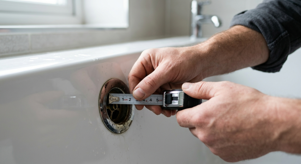 Bathroom Plug Guide: How to Choose, Fit, and Fix the Right One Hand using a tape measure to check the diameter of a bath waste outlet