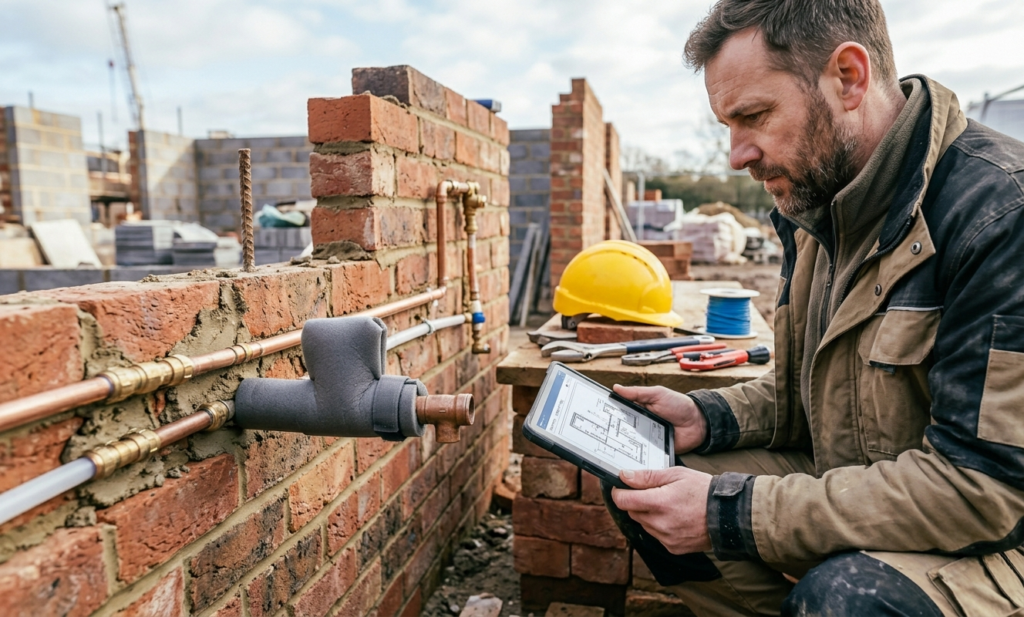 Plumber reviewing pipework plans for an outside tap during a new build renovation