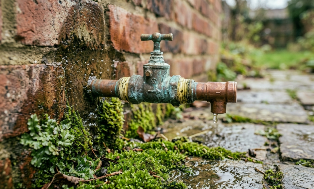 Dripping outside tap showing signs of poor installation and water leakage