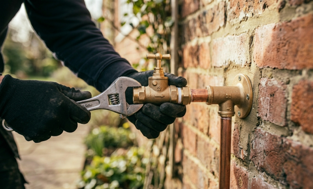 Close-up of copper pipework and check valve being connected for an outside tap installation