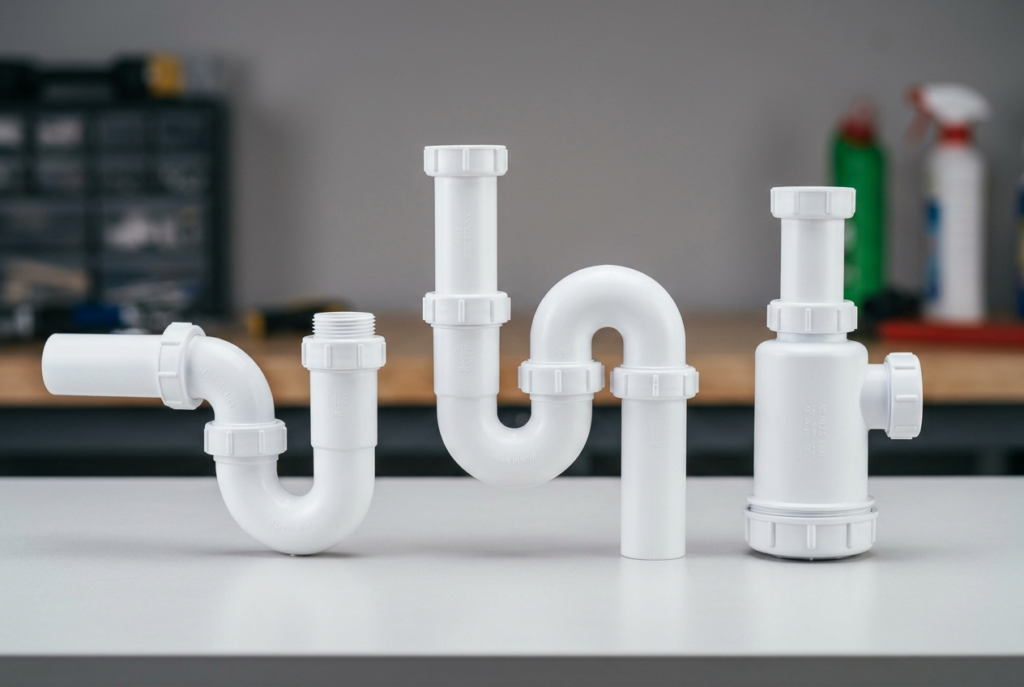 P-trap, S-trap, and bottle trap plumbing waste fittings displayed together for comparison