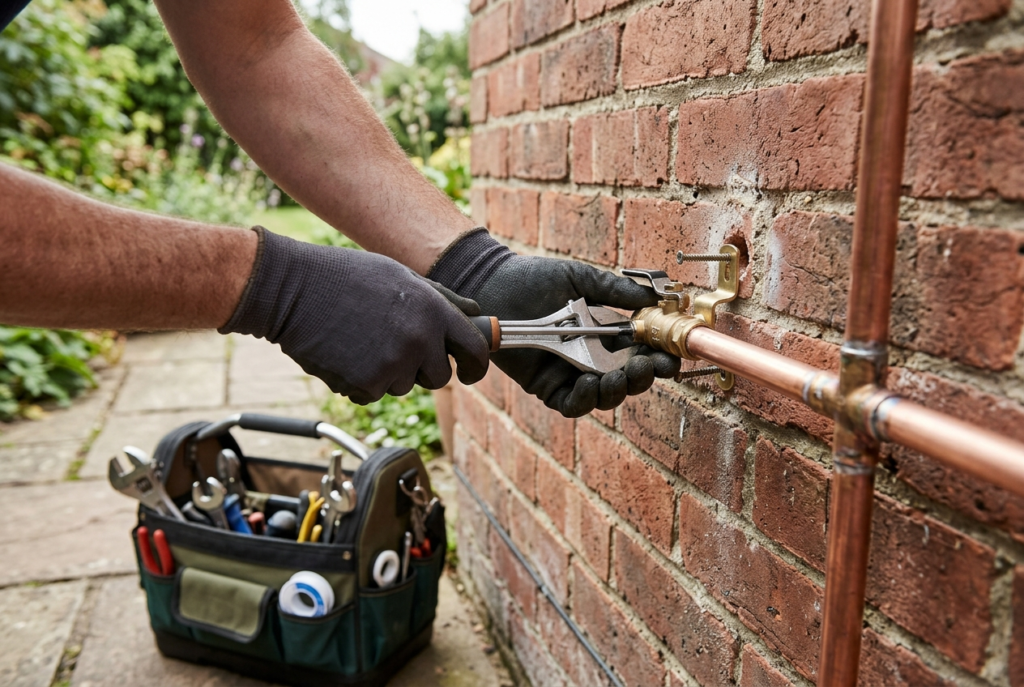 Plumber fitting an isolation valve and pipe bracket for a new garden tap installation