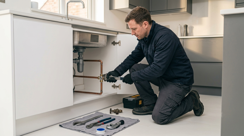 Qualified London plumber repairing a plumbing isolation valve