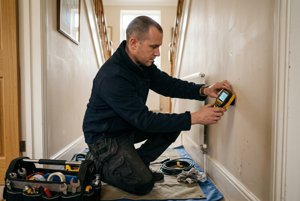 Plumber using leak detection equipment to assess a hidden pipe problem in a London home