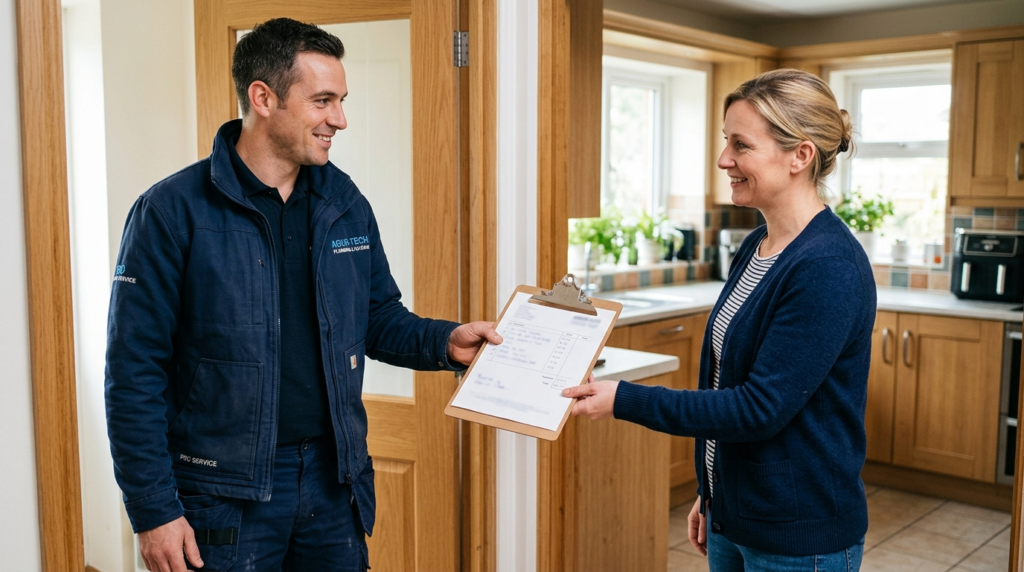 Plumber handing a homeowner a written repair quote on a clipboard