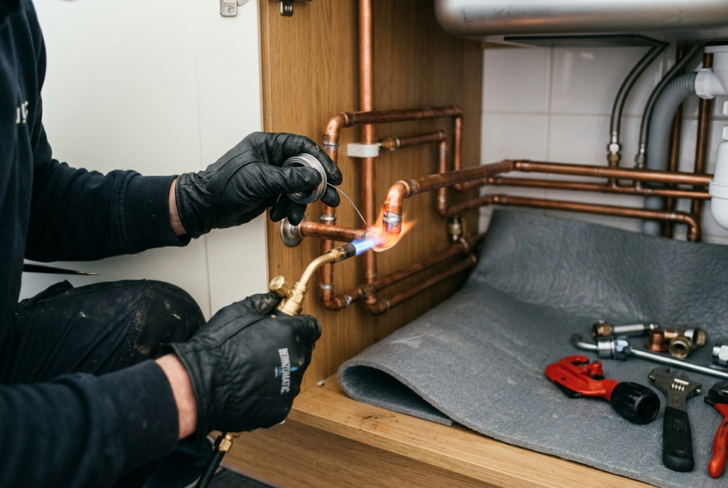 Plumber soldering a copper pipe joint to complete a pipe repair