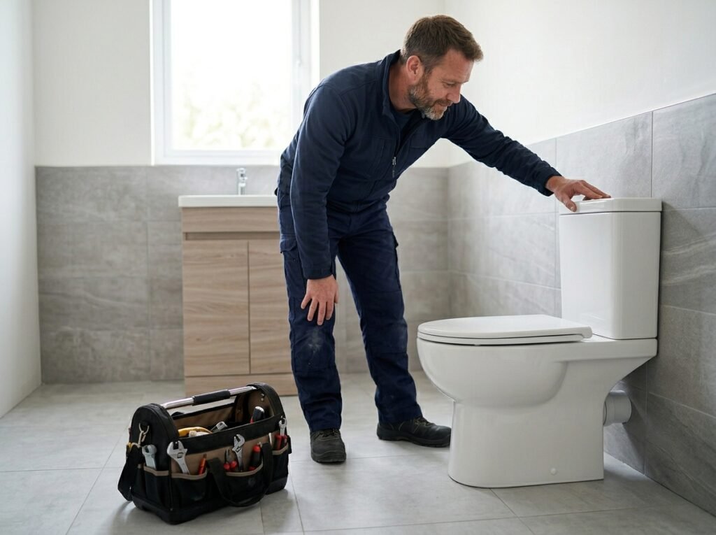 Fitting plumber testing toilet flush after completing installation