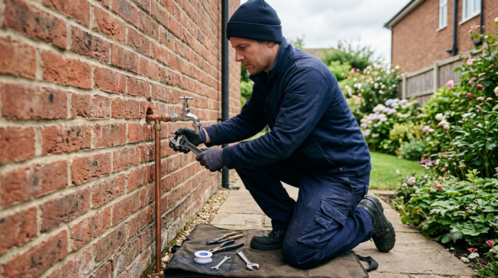 Plumber installing outdoor garden tap plumbing and fittings on exterior brick wall