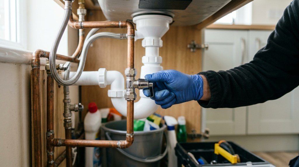 Plumber closing a quarter-turn plumbing isolation valve under a kitchen sink in a UK home