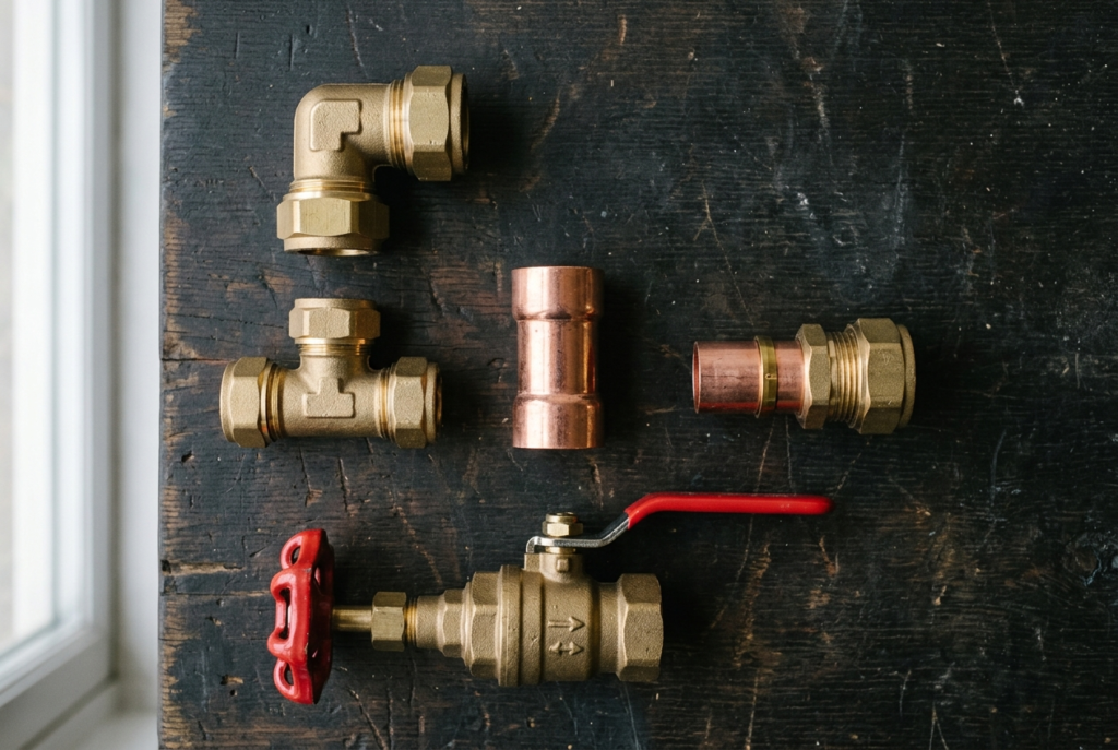 Assorted brass plumbing fittings including elbow joints, tees, and a stopcock valve