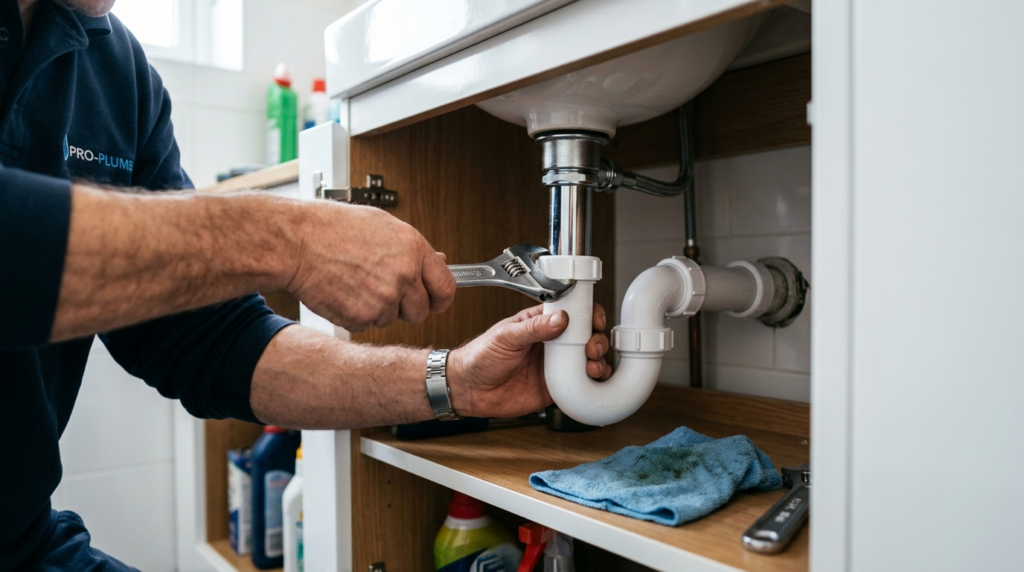 Plumber installing a plumbing waste fitting and trap under a bathroom sink in a London home