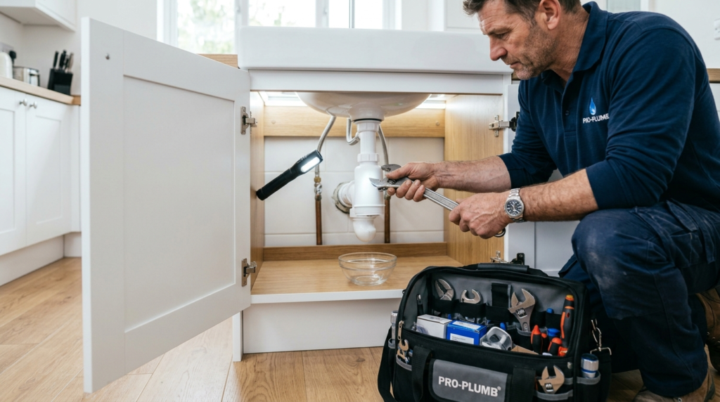 Professional plumber diagnosing a plumbing waste fitting leak under a kitchen sink