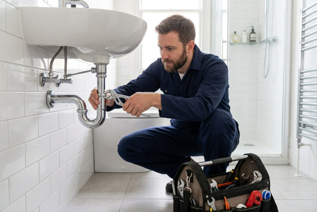 Professional plumber in navy uniform tightening a chrome p trap fitting beneath a white bathroom basin in a London home