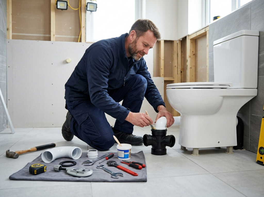 Qualified fitting plumber connecting toilet waste pipe to UK regulation standard