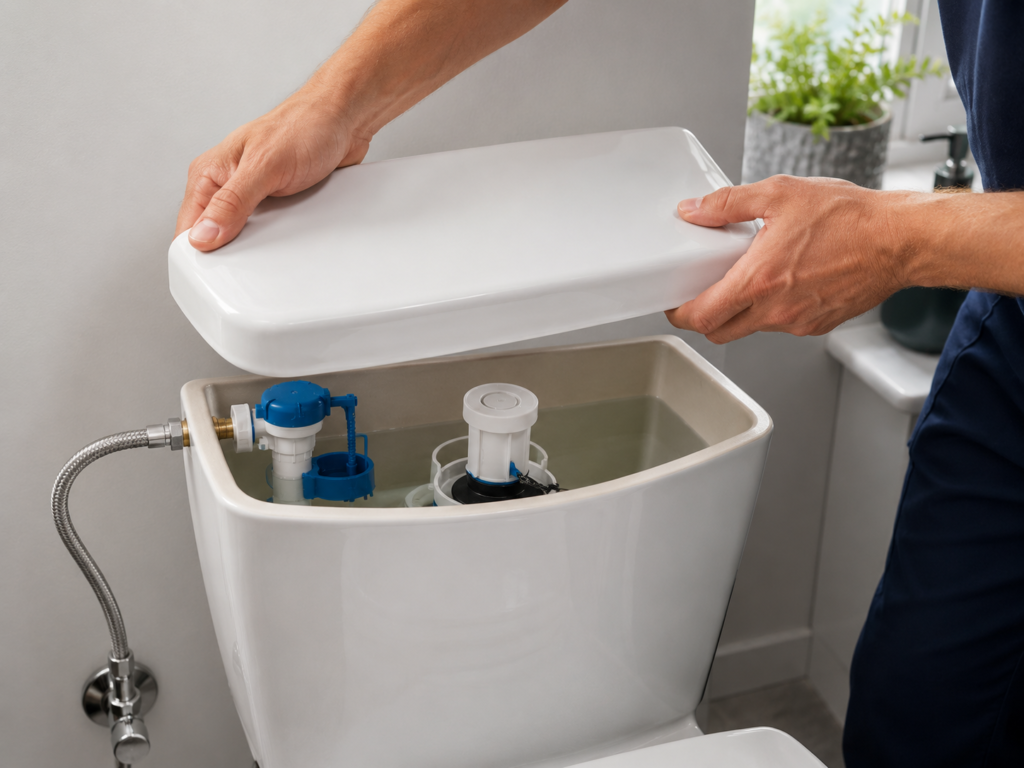 Plumber inspecting a running toilet cistern for a worn flap valve