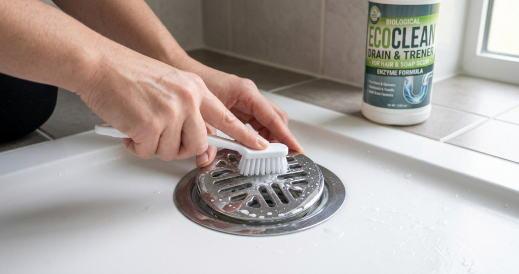 Person cleaning a shower drain trap cover to prevent blockages as part of regular bathroom maintenance