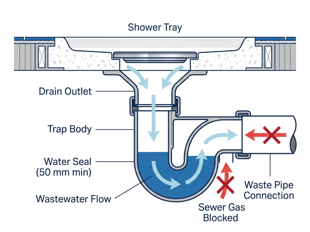 Cross-section diagram showing how a shower trap water seal works to block sewer gases