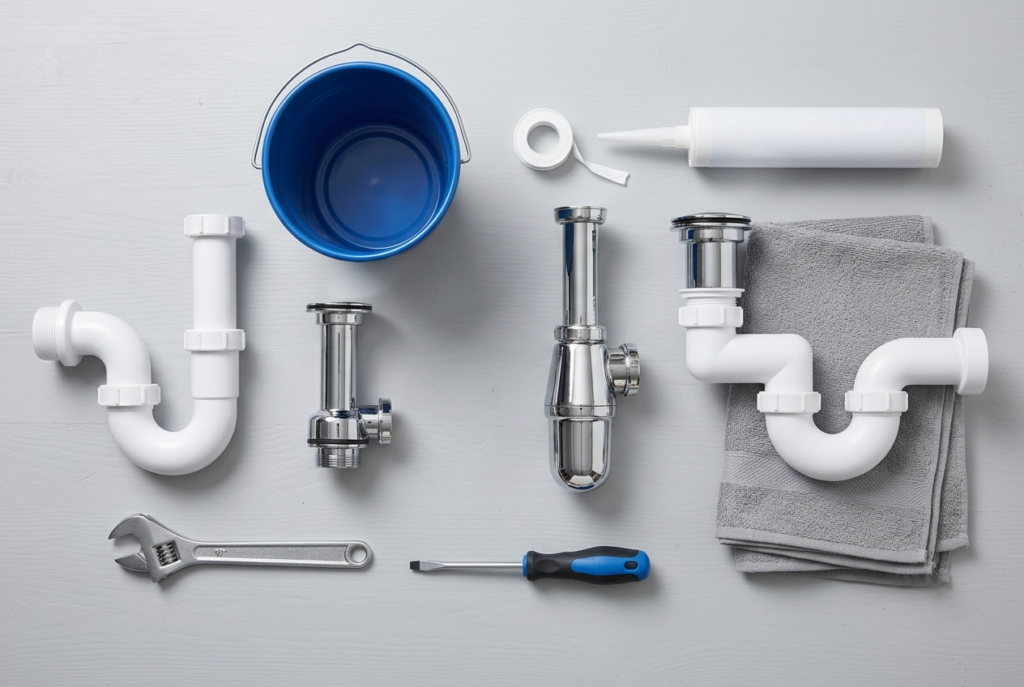 Plumbing tools laid out ready for shower trap installation including PTFE tape, silicone sealant, spanner and new shower trap
