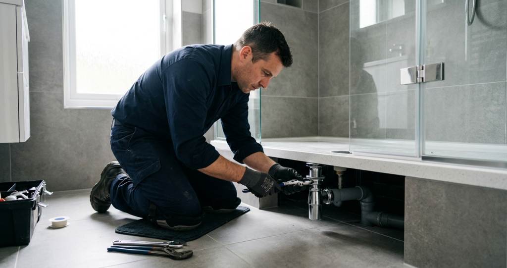 Professional plumber installing a shower trap beneath a modern shower tray in a London bathroom