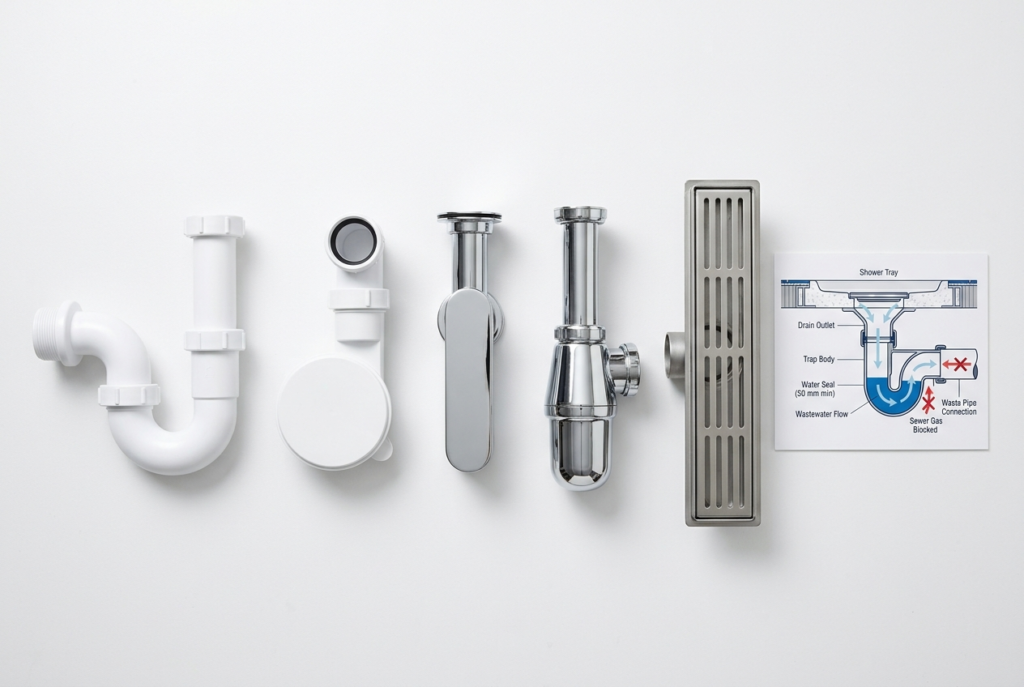 Six types of shower traps laid out side by side including P-trap, shallow trap, ultra-flat, bottle trap, and linear drain