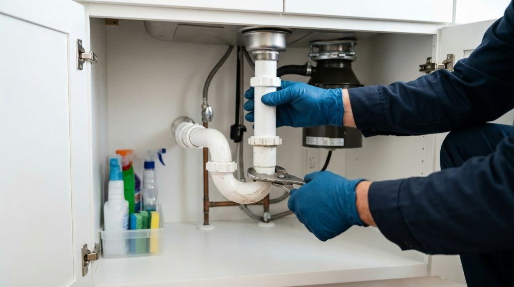 Plumber inspecting the U-bend trap pipe underneath a kitchen sink