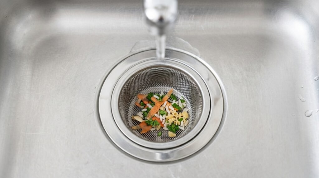 Stainless steel sink strainer catching food debris to prevent trap blockages