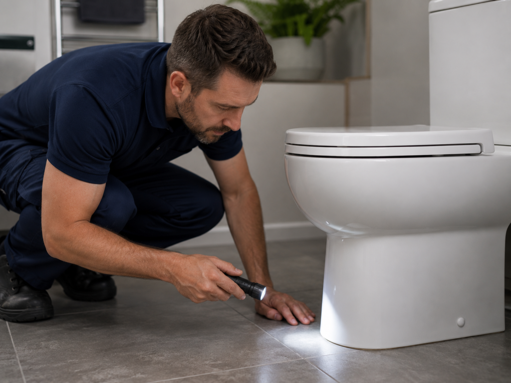 Plumber checking the seal at the base of a toilet pan for leaks