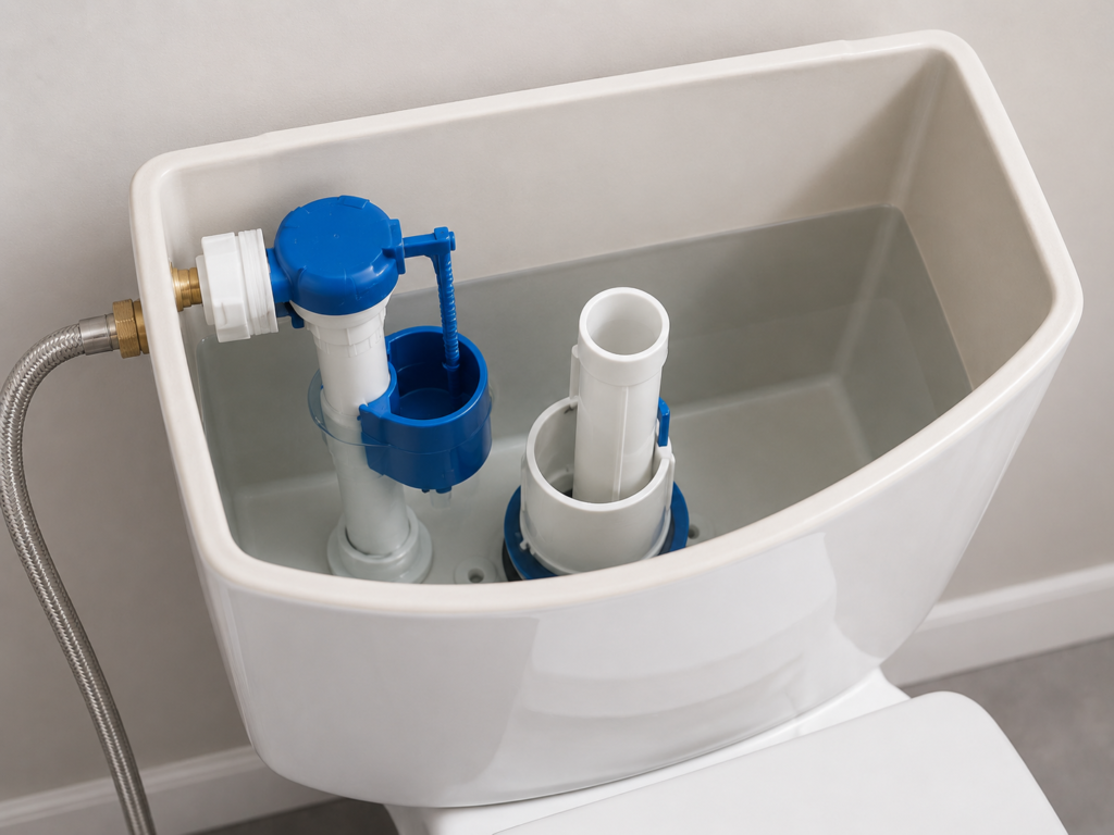 Diagram-style photo showing toilet cistern, pan, and water supply valve
