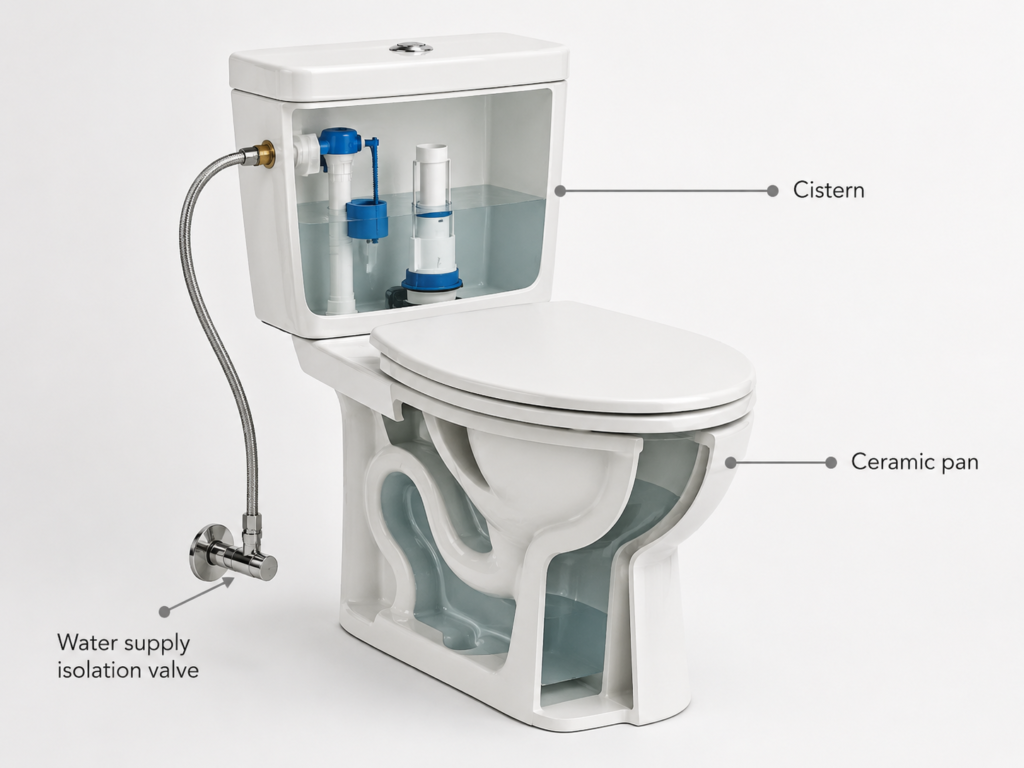 Diagram-style photo showing toilet cistern, pan, and water supply valve