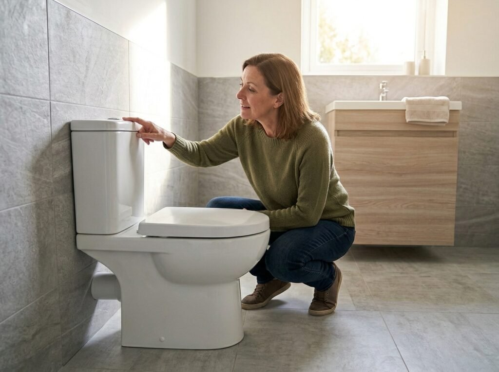 Homeowner checking toilet flush handle as part of routine maintenance